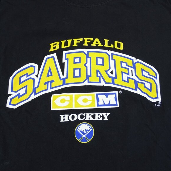 VINTAGE CCM Authentic BUFFALO SABRES Black Curve T-Shirt Size M - Picture 2 of 7